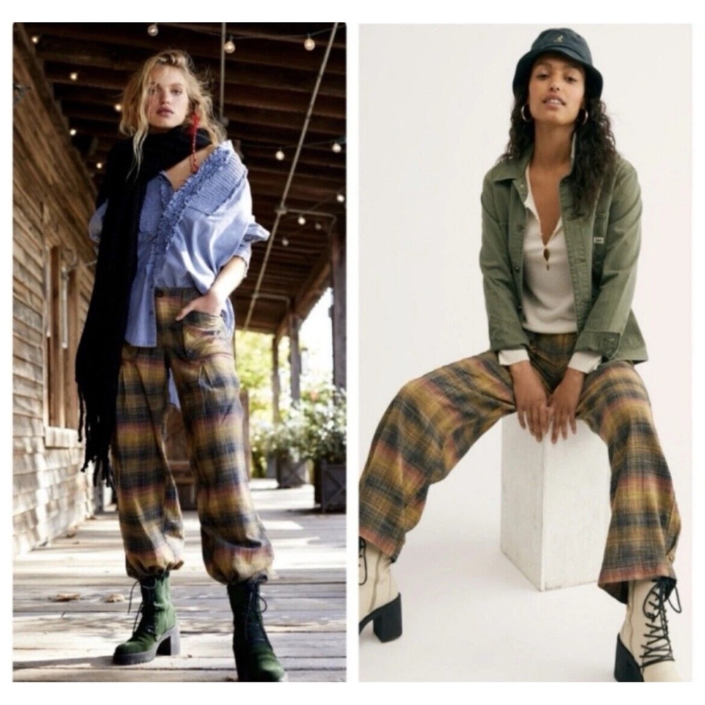 NWT 108$ Free People Plaid Wide Leg Moss Combo Cargo Pants 6 - Picture 3 of 14